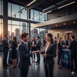 Business professionals networking and exchanging business cards at corporate evening event in modern office venue