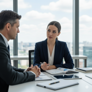 Professional business networking event with executives discussing opportunities in modern office